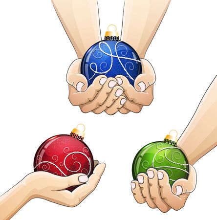 Hands holding Christmas balls of various colors isolated on a white background closeupのイラスト素材