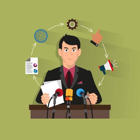 Businessman holding paper speaking in front of multiple microphones. Conceptual business icons arranged in a circle. Creative flat design business concept illustrationのイラスト素材