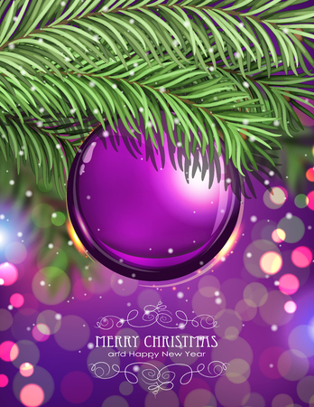 Purple Christmas ball and fir tree branches on a sparkling  holiday background. Festive Christmas backgroundのイラスト素材