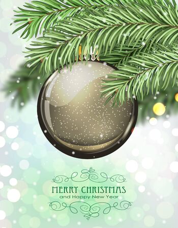 Brown Christmas ball and fir tree branches on a sparkling  holiday background. Festive Christmas backgroundのイラスト素材