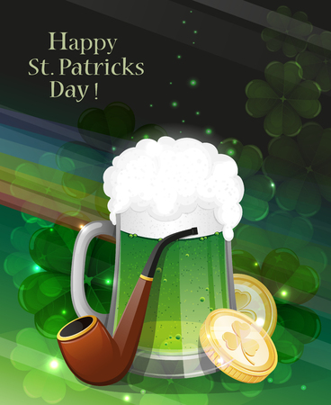 Glass of green beer, pipe and gold coins on clover background with rainbow.  
St. Patrick's Day background.のイラスト素材