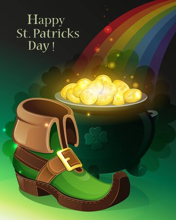 Leprechaun shoes, pot with gold coins and rainbow on green background. St. Patrick's Day background.のイラスト素材