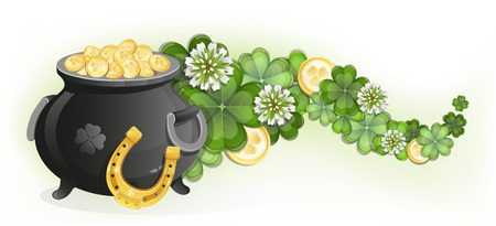 Horseshoe and pot with gold coins on waved clover. St. Patrick's Day symbolのイラスト素材