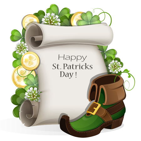 Leprechaun shoes, gold coins and paper scroll with clover on a white background. St. Patrick's Day symbols.のイラスト素材