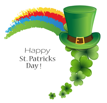 Rainbow, bowler hat and clover on white background. St. Patrick's Day symbolのイラスト素材