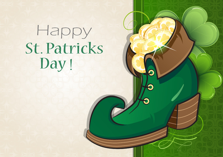 Leprechaun shoe with gold coins on vintage green and beige background. St. Patrick's Day abstract backgroundのイラスト素材