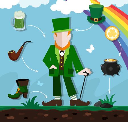 Leprechaun in green clothes with a cane in the hand on a spring meadow. Around him traditional symbols of St. Patrick's Day. Flat style iconsのイラスト素材