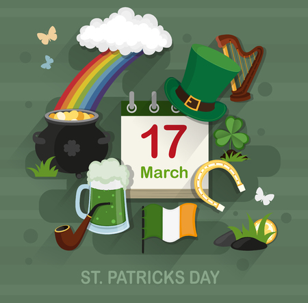 St. Patrick's Day background with Irish flag, horseshoe, pot of gold coins, Leprechaun hat and other traditional symbols. Conceptual illustration of a flat style on the St. Patricks day themeのイラスト素材