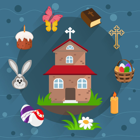 Church, Holy Bible, basket with eggs and other Easter icons in flat style on a blue backgroundのイラスト素材