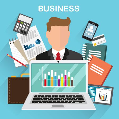 Businessman with laptop and documents. Business info graphics template background in flat design. Concept for web design, flyers and presentations.のイラスト素材