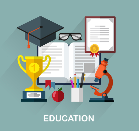 Set of objects that symbolize science and knowledge. Learning and education concept flat style illustration for web design, layout, banner, diagram, infographics.のイラスト素材