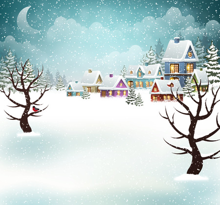 Evening village winter landscape with snow covered houses. Holidays vector illustrationのイラスト素材