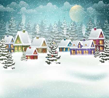 Village winter landscape with snow covered houses and  christmas tree with decorationsのイラスト素材