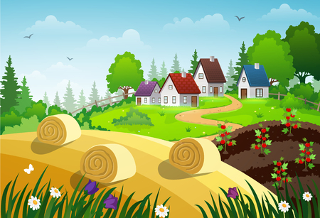 Rural landscape with green meadow, country house, garden and hayのイラスト素材