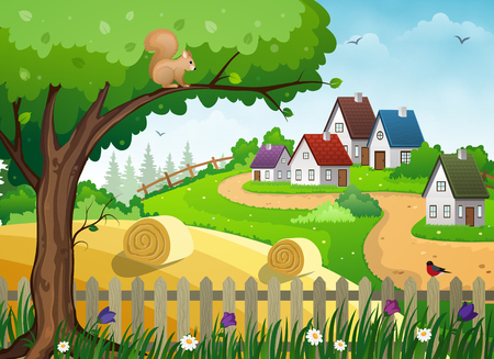 Farm rural landscape with village houses, green meadow, tree and field with hayのイラスト素材