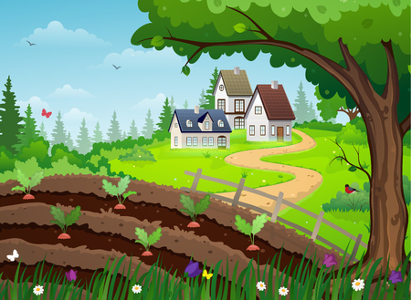 Rural landscape with houses, trees and a vegetable gardenのイラスト素材