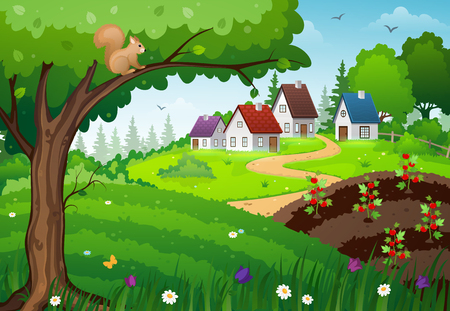 Landscape with farm houses, green meadow and a vegetable gardenのイラスト素材
