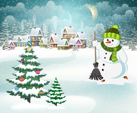 Village winter landscape with snow-covered houses, snowman with a broom and christmas tree with Christmas decorations.のイラスト素材