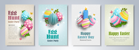 Happy Easter Day party flyer, brochure, holiday invitation, corporate celebration. Easter eggs, basket, Bible, gifts and flowers, on colorful backgrounds. Vector illustration.のイラスト素材