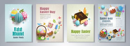 Happy Easter day party flyer, brochure, holiday invitation, corporate celebration. Easter eggs, basket, bible, gifts and flowers, on colorful backgrounds vector illustration.のイラスト素材