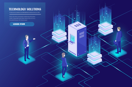 Digital marketing management, receipt of statistics data, mobile bank, financial transaction, business planning. Server, businessmans in data center room, working group isometric vector.のイラスト素材