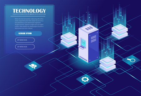 Web hosting and big data processing, server room rack. Data center, cloud storage technology. Energy station concept. Isometric vector illustration. のイラスト素材