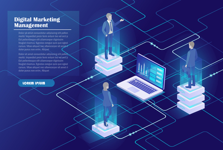 Digital marketing management, receipt of statistics data, mobile bank, financial transaction, business planning. Computer, businessmans in data center room, working group isometric vector.のイラスト素材