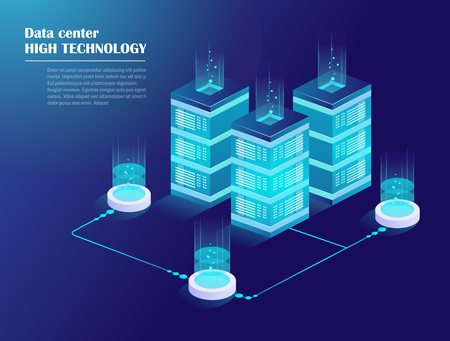 Web hosting and big data processing, server room rack. Data center, cloud storage technology. Energy station concept. Isometric vector illustration. のイラスト素材
