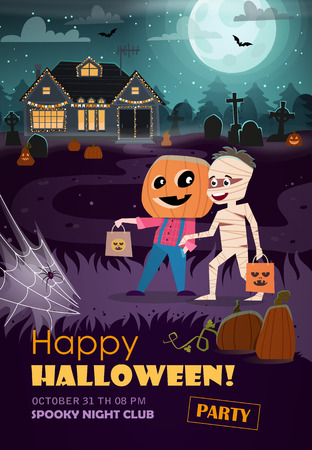 Vector illustration Halloween party flyer. Halloween party invitation with mummy, jack o lantern, full moon and haunted house.のイラスト素材