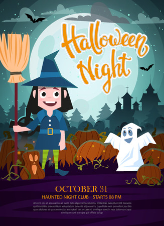 Vector illustration Halloween party flyer. Halloween party invitation with witch, ghost and jack o lantern, full moon and haunted house.のイラスト素材