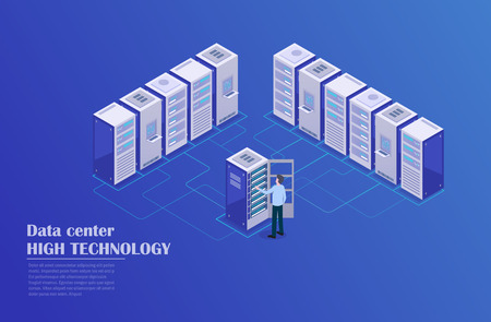 Web hosting and big data processing, server room rack. Concept of data center isometric.のイラスト素材
