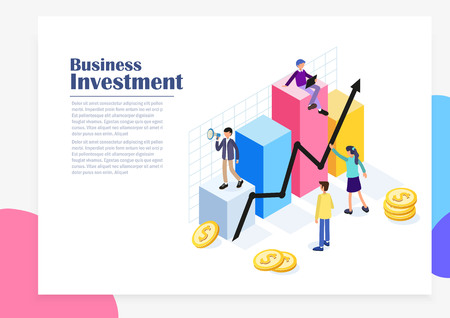 Business Data Analysis Isometric Concept with Flat People Characters, charts and graphs. Website Landing Page Template. Flat Vector Illustrationのイラスト素材