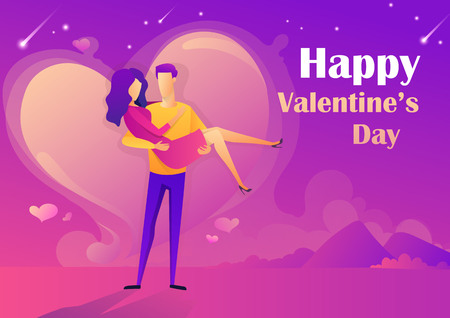 Happy Valentine's Day design with couple in love. Guy holding a girl in his arms on the background of the heart shape. Abstract flat style vector background.のイラスト素材