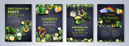 Saint Patrick's Day party flyer, brochure, holiday invitation, corporate celebration. leprechaun hat, shamrock, pot with gold coins, horseshoe, green ale on black background. Vector illustration.のイラスト素材