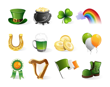 St. Patrick's Day icons set. Holiday symbols isolated on white backgroundの素材 [FY310124448205]