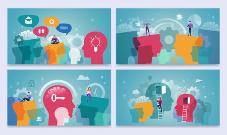 Idea  generation and startup business concept. Abstract human head with gears and people.Landing...