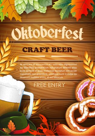 Promotional flyer template for Oktoberfest event or festival with with a glass of beer, pretzel, sausage, Tyrolean hat on wooden backgroundのイラスト素材