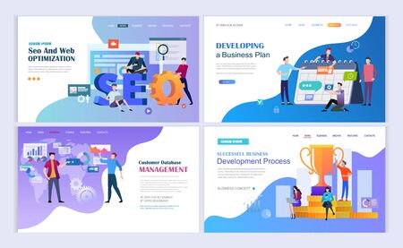 Landing pages template set for SEO and web optimization, database management, business development process. Modern flat design concept. Web page design for website and mobile website. Flat vector illustration.のイラスト素材