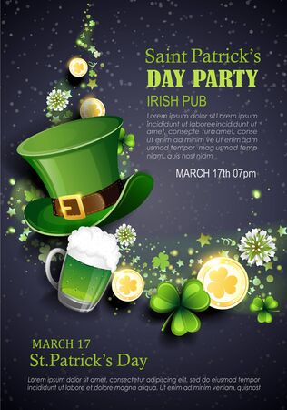 Leprechaun hat, clover, gold coins and green ale on black background. St. Patrick's Day party holiday flyer. Vector illustration.のイラスト素材
