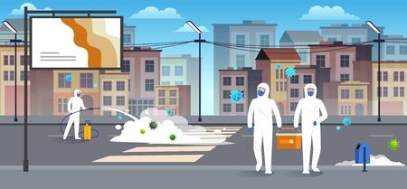 Scientists in hazmat suits cleaning and disinfecting streets of the city. Epidemic coronavirus covid-19 concept. Flat style city landscape.のイラスト素材