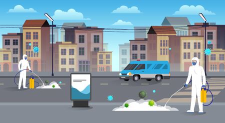 Scientists in hazmat suits cleaning and disinfecting streets of the city. Epidemic coronavirus covid-19 concept. Flat style city landscape.のイラスト素材
