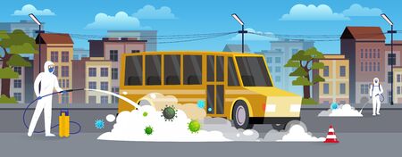 Specialists in hazmat suits clean and disinfect the car on the city street. Pandemic coronavirus covid-19 concept. Flat style city landscape.のイラスト素材