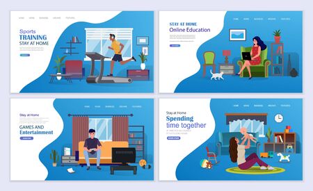 Sports workouts, online education, games and entertainment on self-isolation during coronavirus. Stay at home vector illustration concept. Landing page template.のイラスト素材