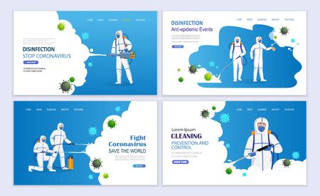 Medical workers in hazmat suits disinfecting, cleaning and prevention coronavirus epidemic. Covid -19 pandemic concept Landing Page.のイラスト素材