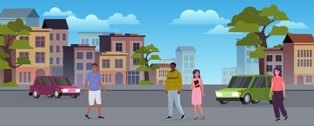 People and vehicles on the city streets. Urban scene. City life concept. Vector illustrationのイラスト素材