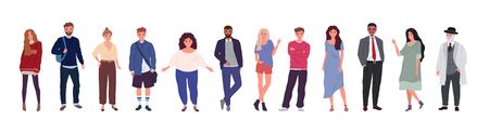 Group of people of different ages, nationalities, ethnicities, isolated on a white background. Flat cartoon characters set. Vector illustration.のイラスト素材