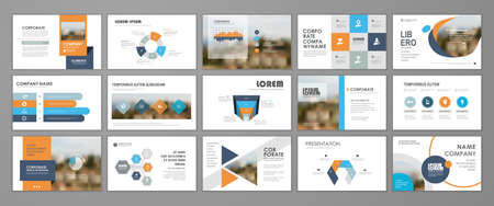Presentation slide layout background. Blue and orange design brochure template. Use in presentation, flyer, leaflet, banner, corporate report, annual report, marketing, advertising.のイラスト素材