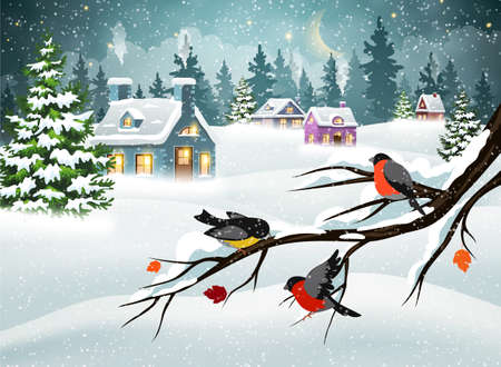 Winter Christmas landscape with village houses covered with snow in a pine forest and bullfinches on a branchのイラスト素材