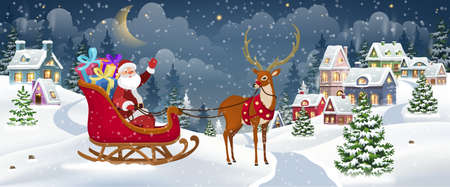 Santa and Reindeer on Christmas Background. Winter Christmas Landscape Vector Background with snow covered hills, village houses, pine forest.のイラスト素材
