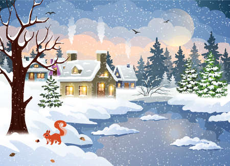 Winter village landscape vector background with snow covered houses, pine forest and frozen river. Christmas holidays vector illustration.のイラスト素材